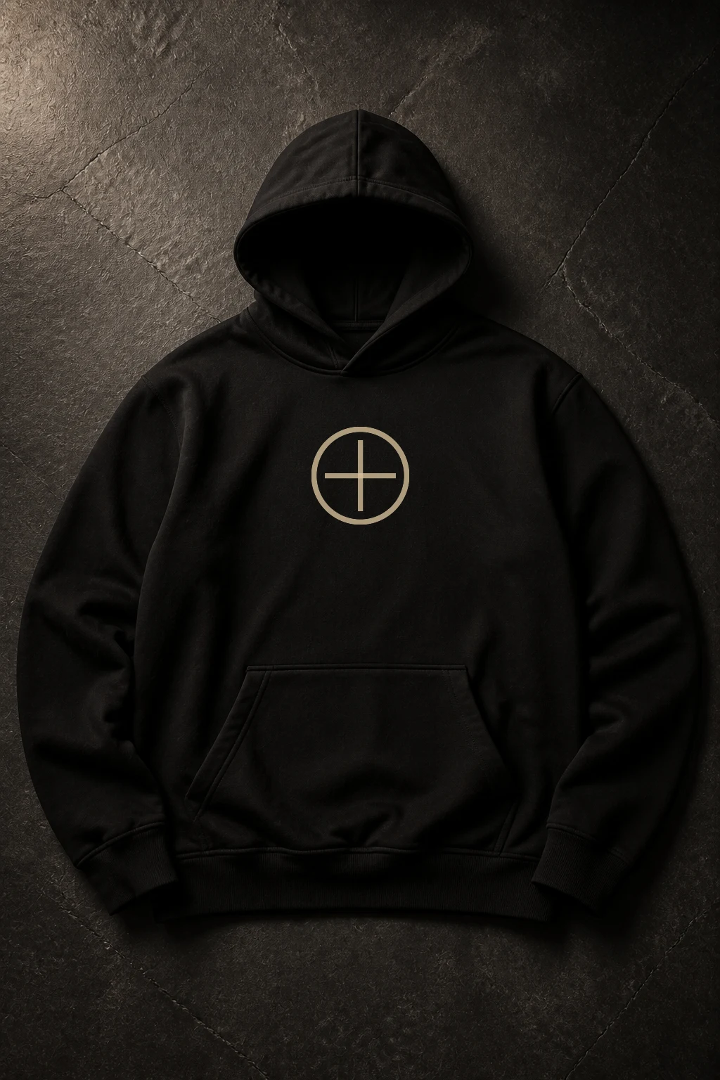 EU Spectre hoodie photographed as a dark studio still with the chest insignia centered on heavy fleece.